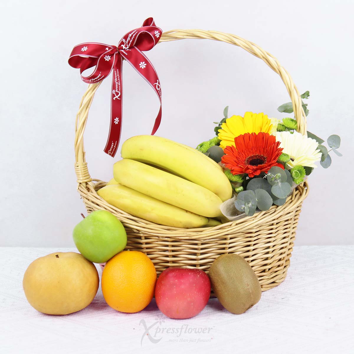 FH2525 Fresh Cheers Fruits Basket with Floral Arrangement 1b