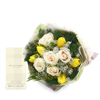 The Angelic One (5 Cream Roses & 5 Yellow Tulips with Burberry Perfume)