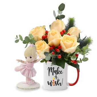 Ample Wishes (6 Champagne Roses with Precious Moments Figurine)