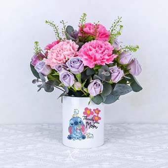 MDDS2481 Floral Harmony (6 Mix Pink Carnations with Disney Stitch 'Thank You Mom' holder)