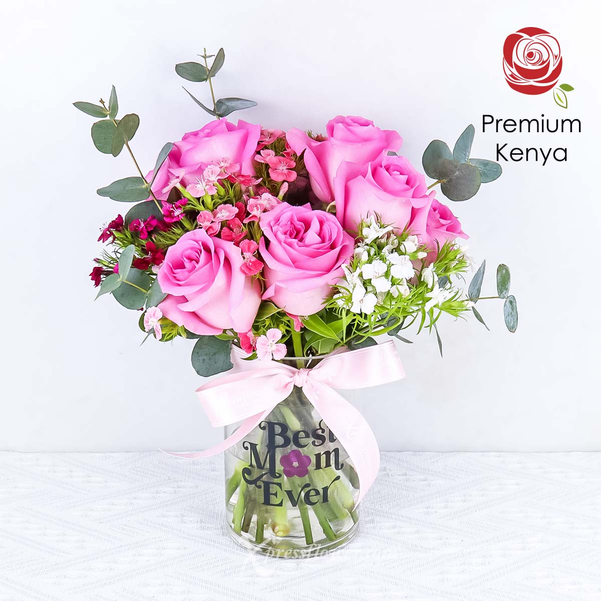 Blossoming Charm (10 Dark Pink Roses with "Best Mom Ever" vase)