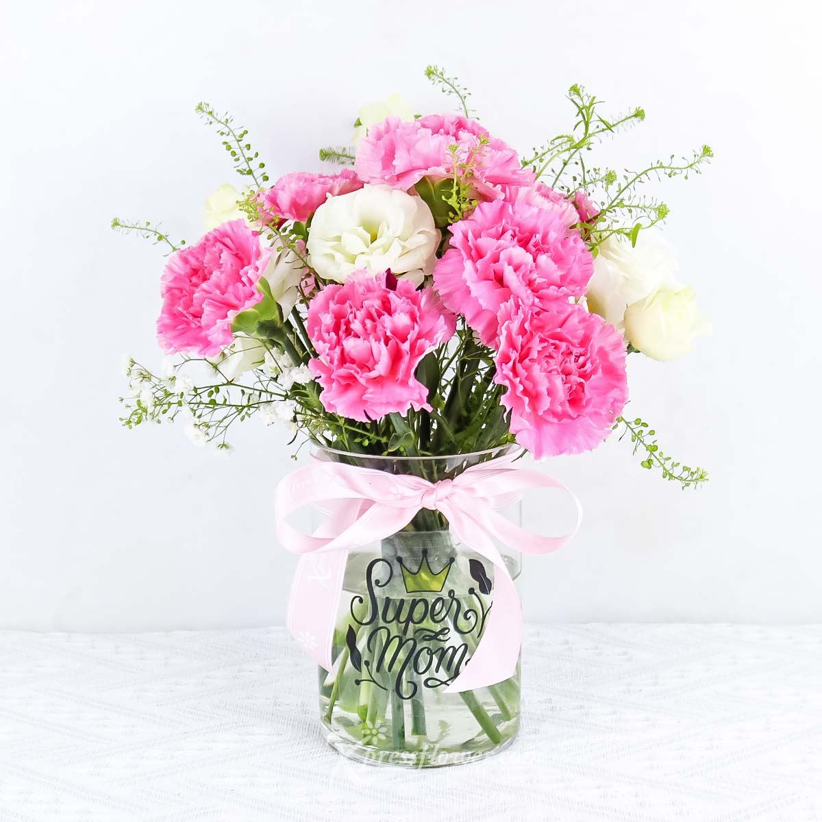 Pink Delight (10 Shocking Pink Carnations with "Super Mom" vase)