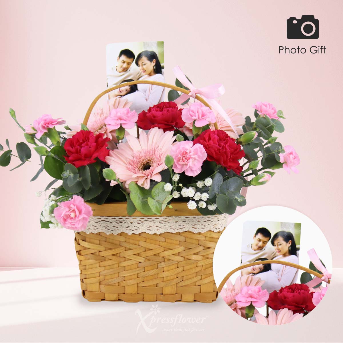 Captured Moments  (3 Dark Pink Carnations with 3 Light Pink Gerberas & Personalised Photo Print)