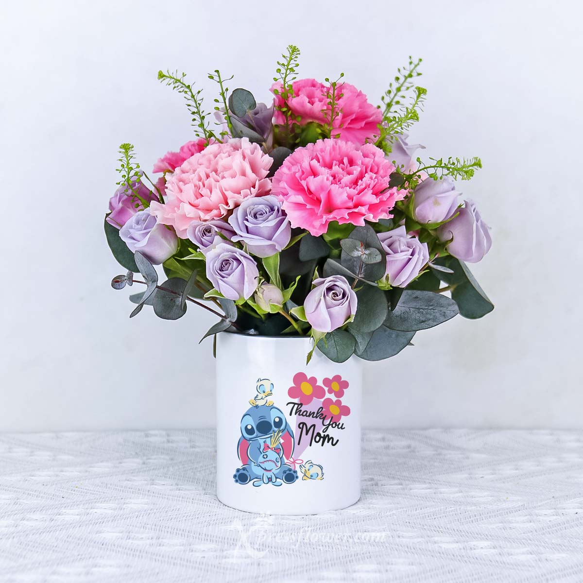Floral Harmony (6 Mix Pink Carnations with Disney Stitch "Thank You Mom" holder)