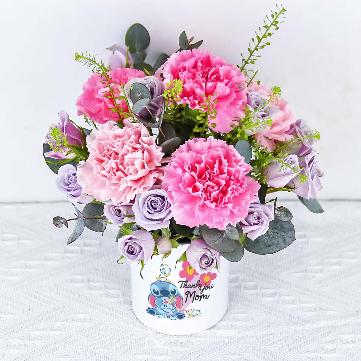MDDS2481 Floral Harmony (6 Mix Pink Carnations with Disney Stitch "Thank You Mom" holder) 1b