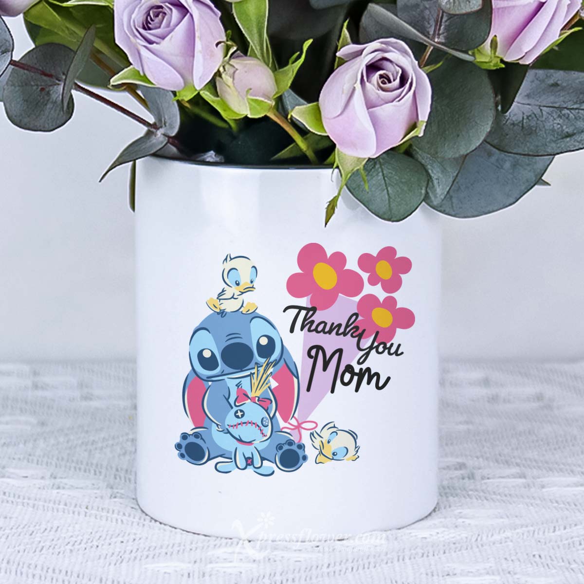MDDS2481 Floral Harmony (6 Mix Pink Carnations with Disney Stitch "Thank You Mom" holder) 1d