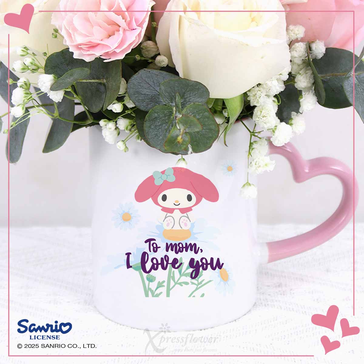 MDSN2582 Sweet Melody 6 Mix Pink & White Roses "To Mom I Love You" My Melody Mug new 1c