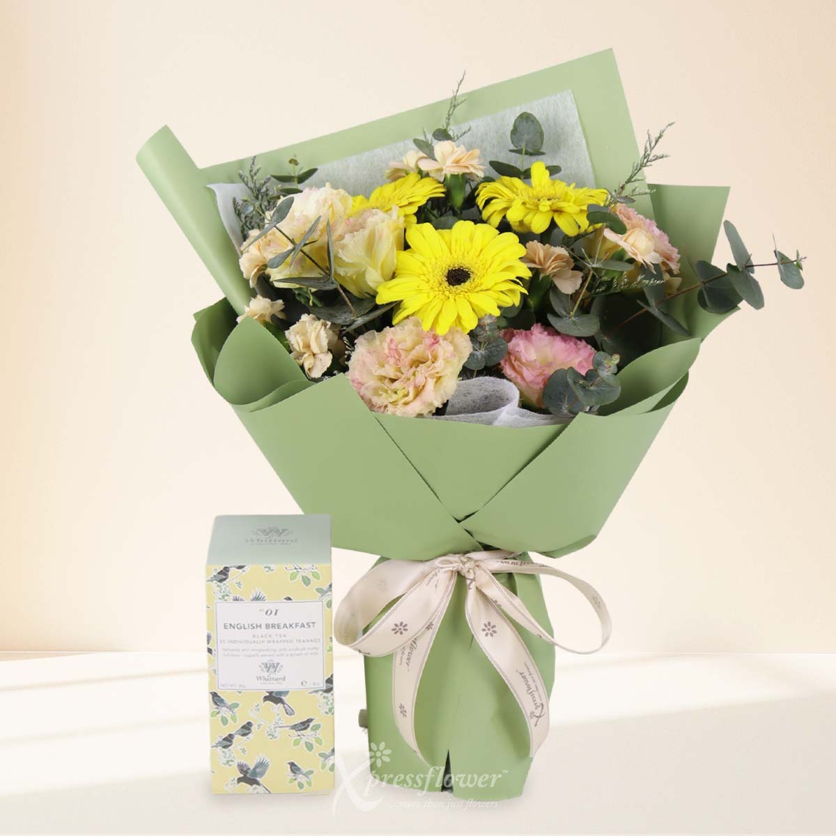 Green Serenity (3 Yellow Gerberas with Whittard English Breakfast Tea)