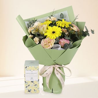 Green Serenity (3 Yellow Gerberas with Whittard English Breakfast Tea)