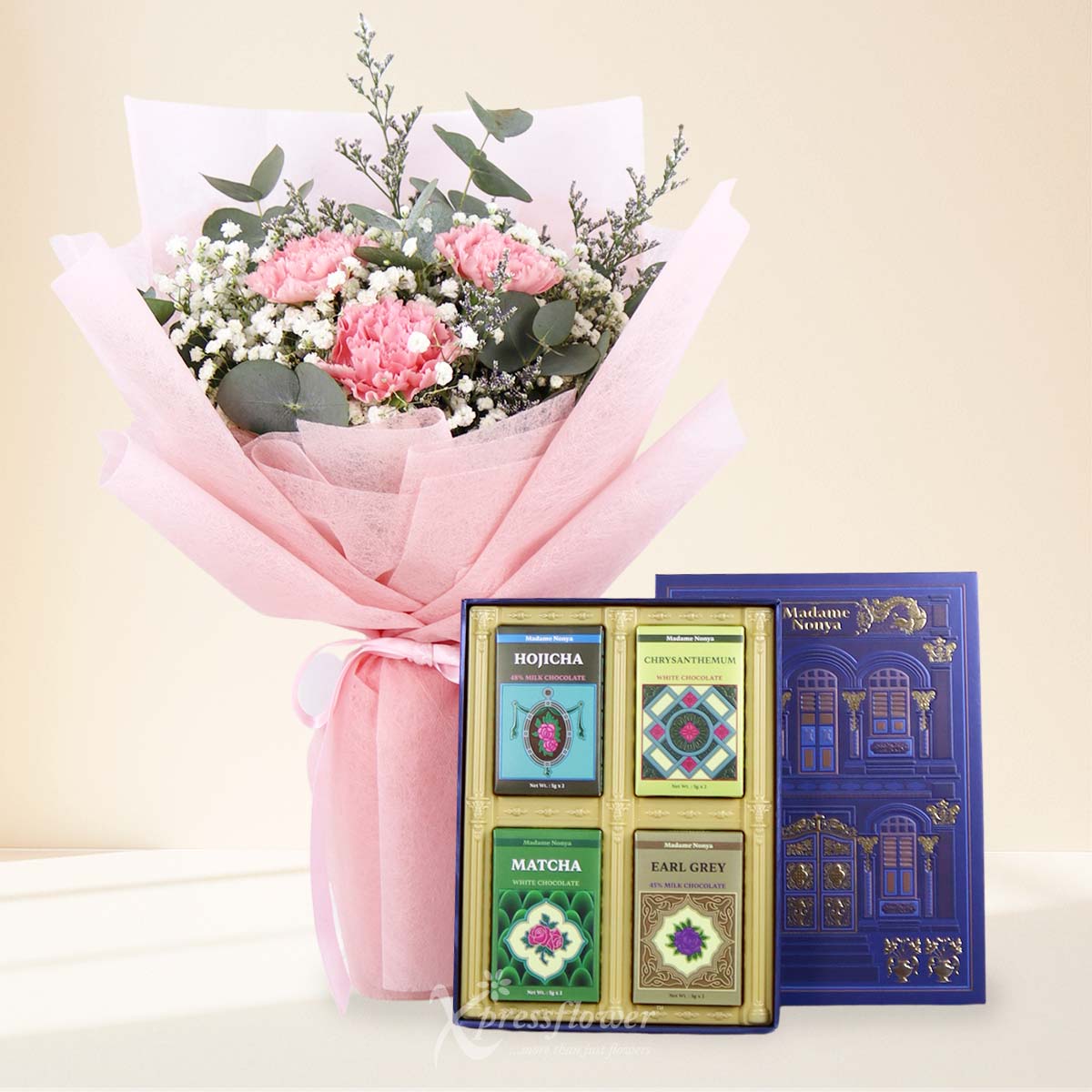 Blushing Harmony (3 Pink Carnations with Madame Nonya Chocolate)
