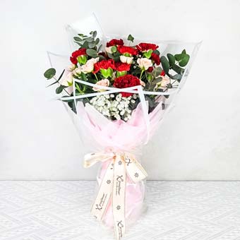 Crimson Charm (12 Red Carnations with Pink Rose Sprays)