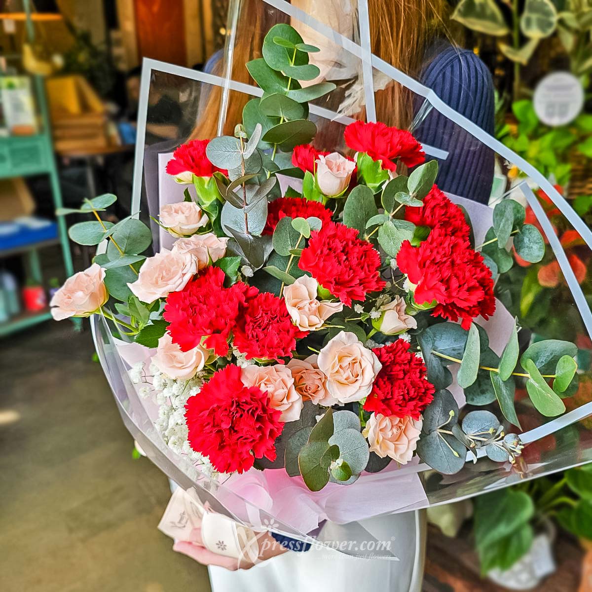 MDBQ2409 Crimson Charm (12 Red Carnations with Pink Rose Sprays) 3a