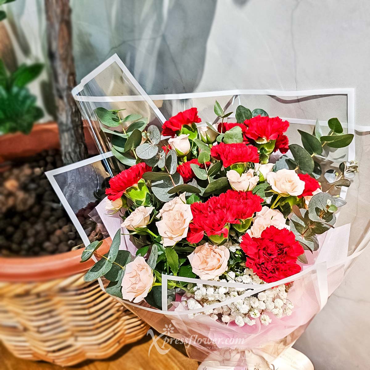 MDBQ2409 Crimson Charm (12 Red Carnations with Pink Rose Sprays) 3b