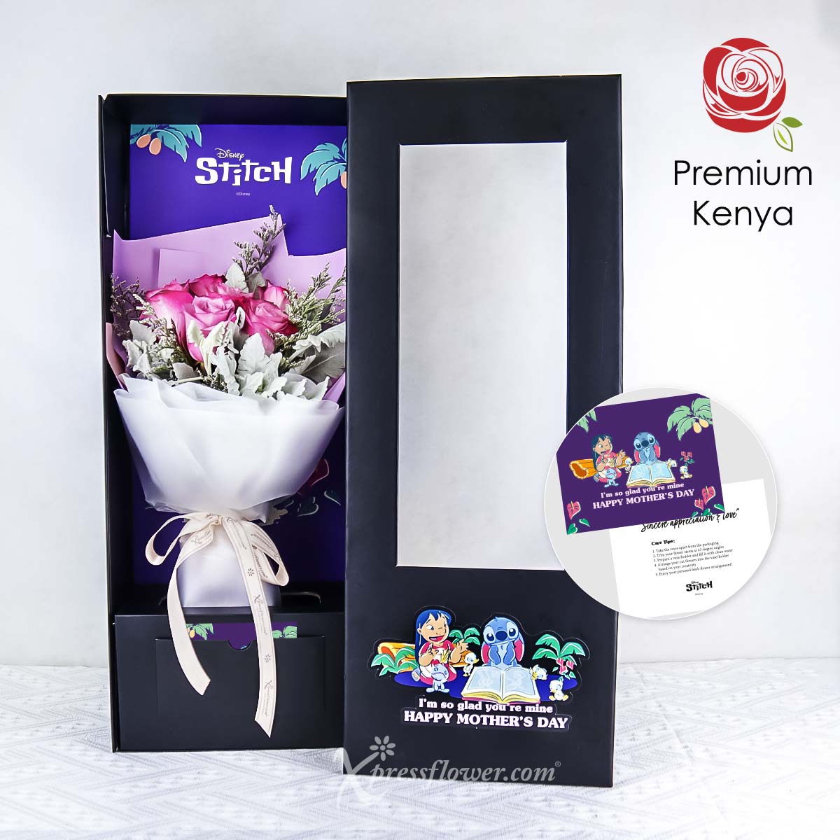 Stitch's Surprise (6 Yam Roses with Disney Stitch "Happy Mother's Day" Bouquet Box)