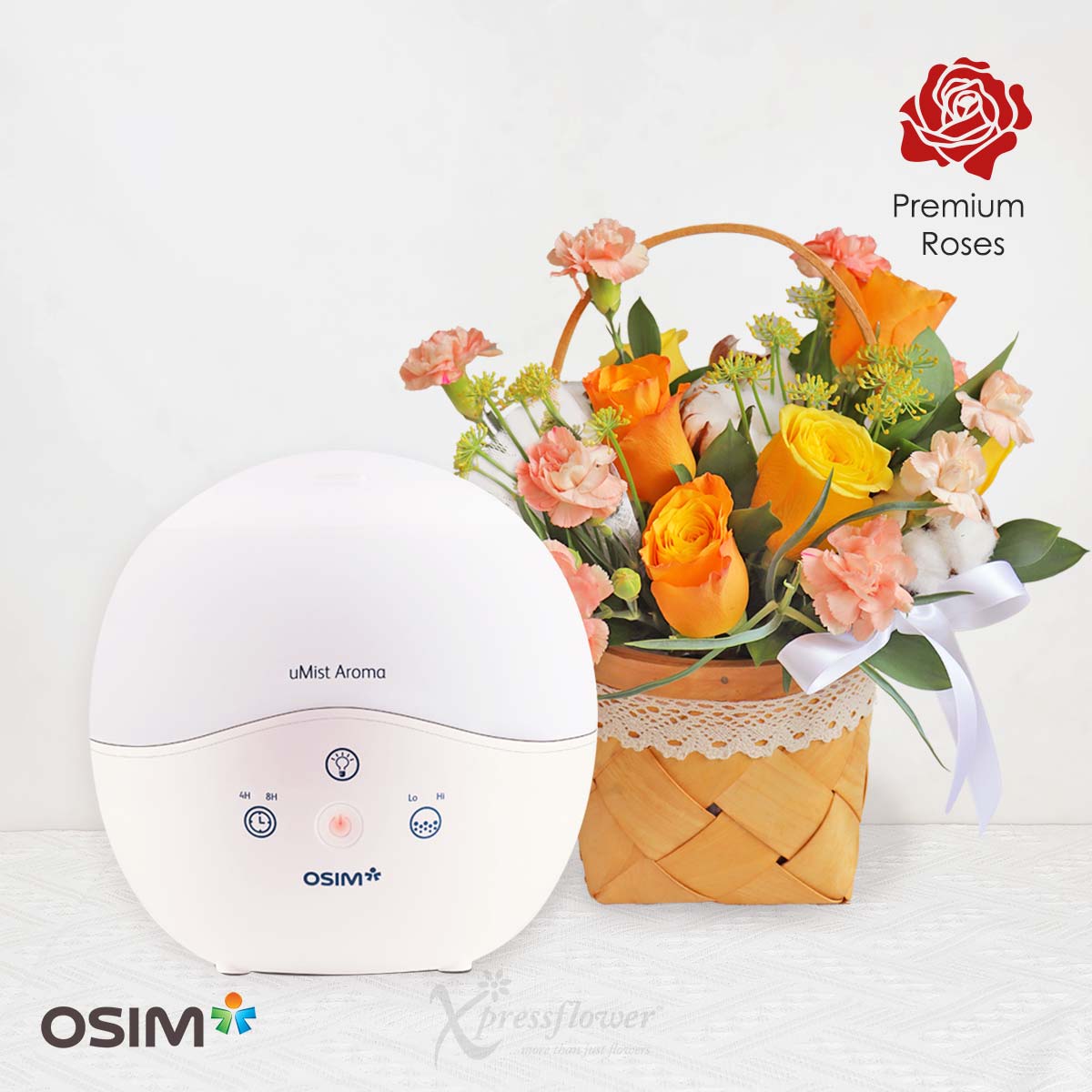 Warm Serenity (Orange & Yellow Roses Arrangement with OSIM uMist Humidifier)