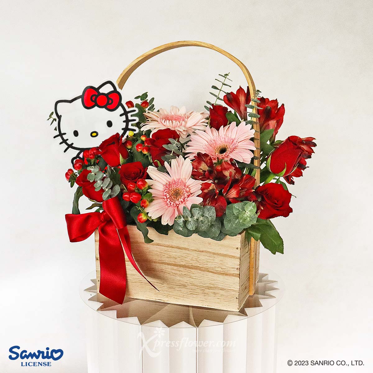 SNAR2301 Radiant Perfection (Hello Kitty Tag with 7 Red Roses & 3 Pink Gerbera Arrangement in Basket) 1b