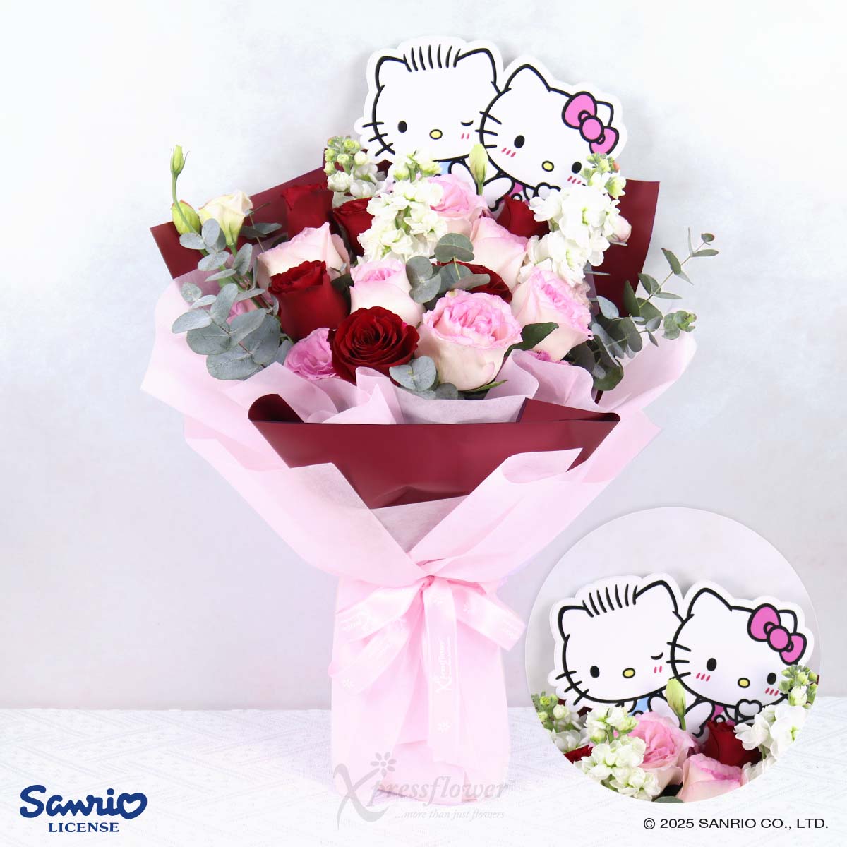 Couple's Harmony (12 Mix Red & Roselle Roses Hello Kitty Dear Daniel Bouquet)