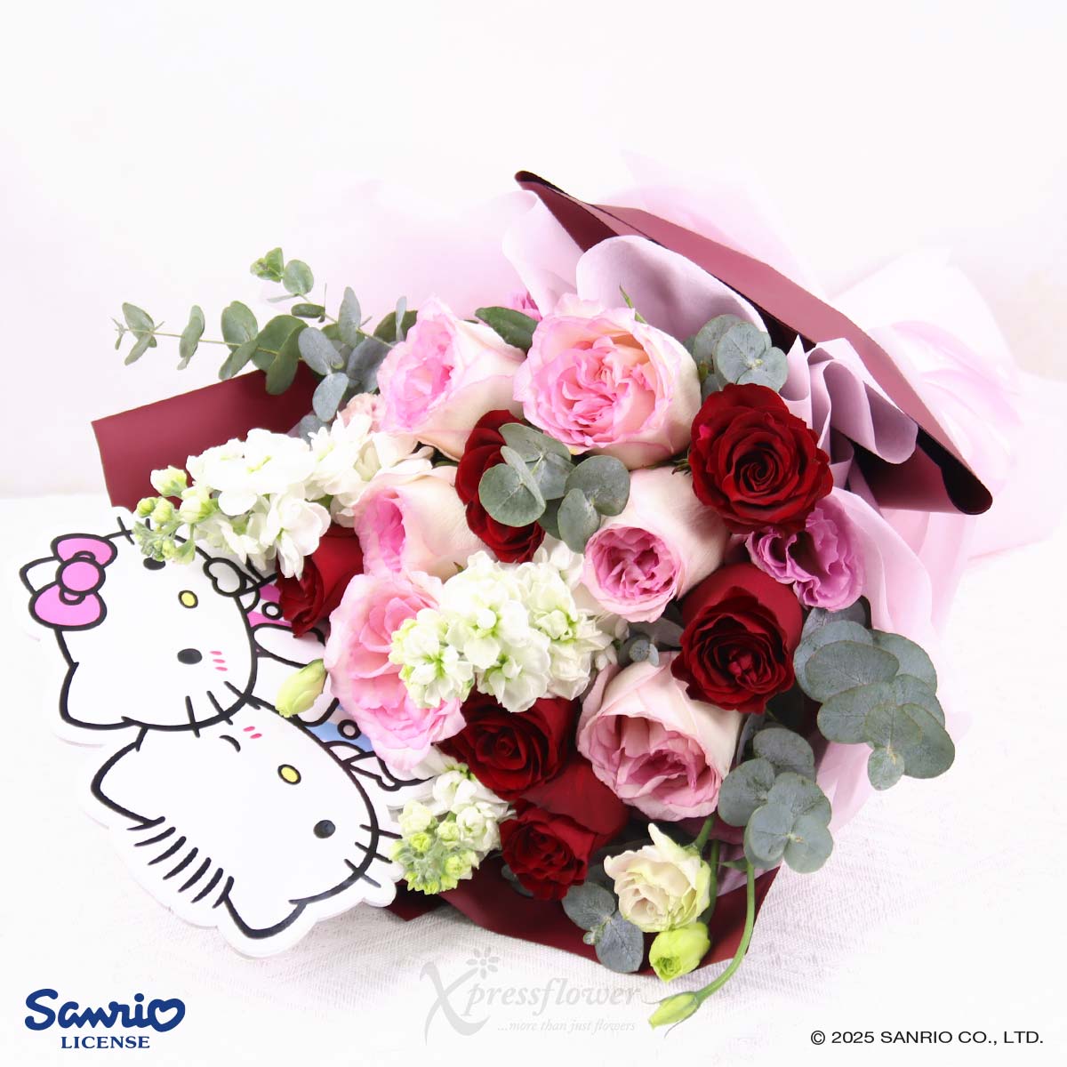 SNBQ2502 Couples Harmony 12 Mix Red & Roselle Roses Hello Kitty Dear Daniel Bouquet 1b