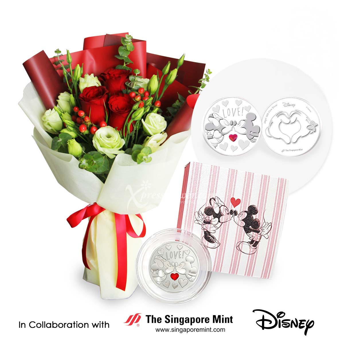 Minty Kisses (3 red roses with Disney love medallion)