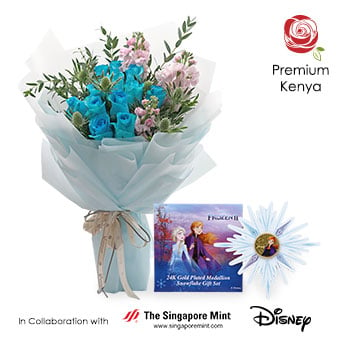 Snow Fall (12 blue roses with Disney Frozen medallion)