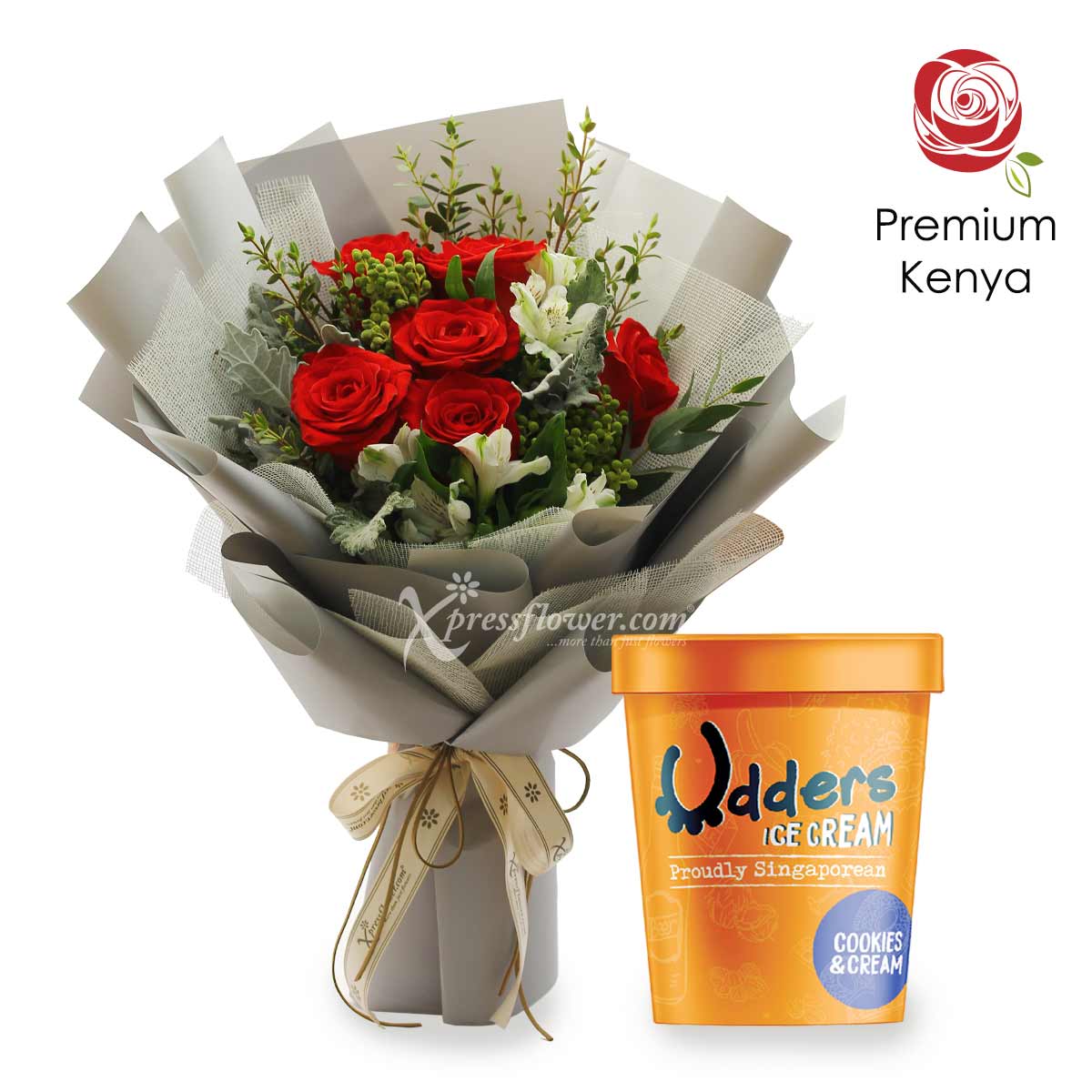 Decadent Kisses (6 Kenya Red Roses with Udders Ice Cream)