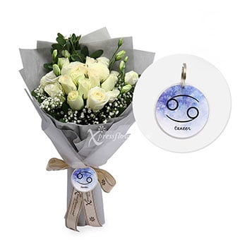 Cancer Moonchild (12 White Roses & 3 White Ping Pong Chrysanthemum)