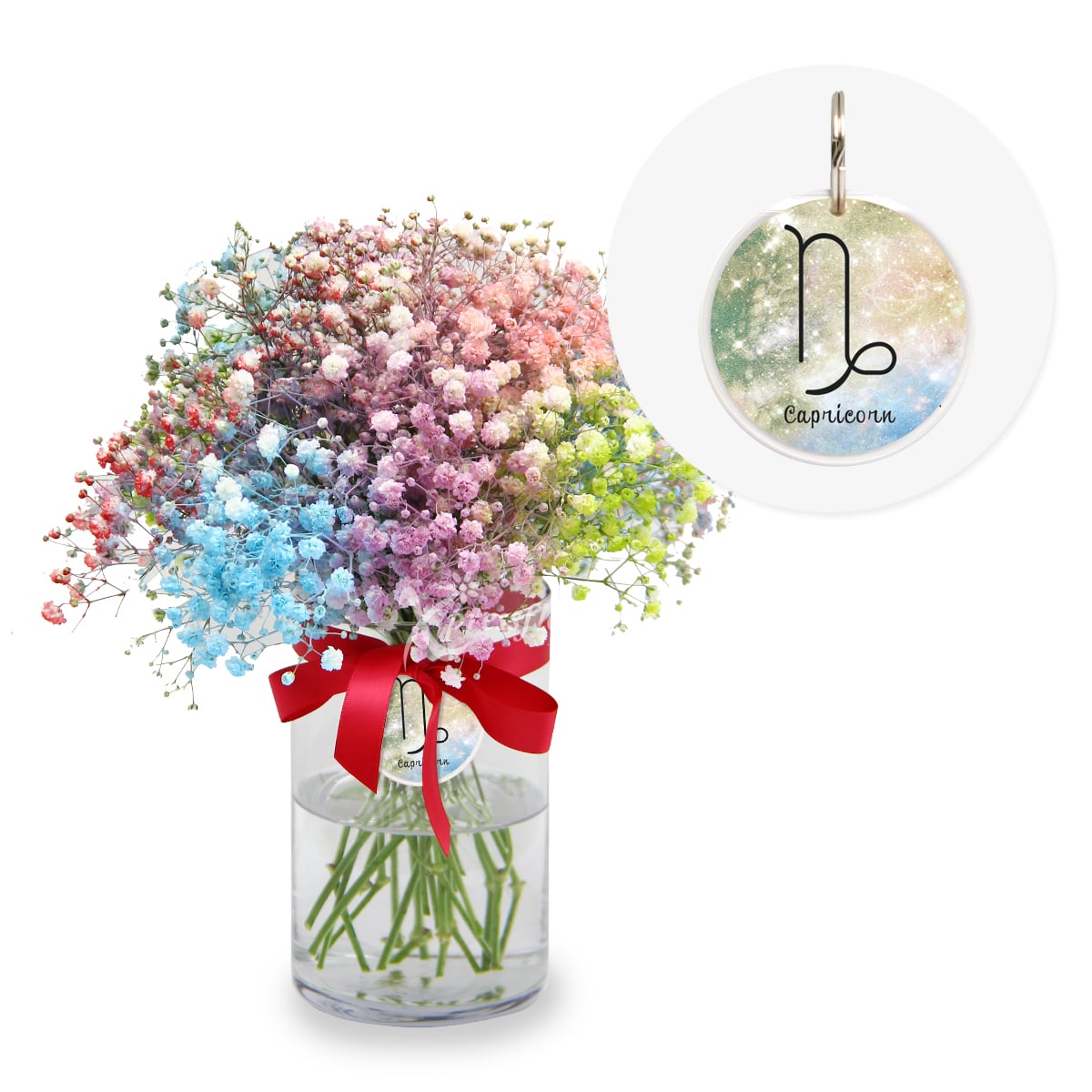 Dynamic Capricorn (Rainbow Million Star Baby's Breath with astrology keychain and postcard)