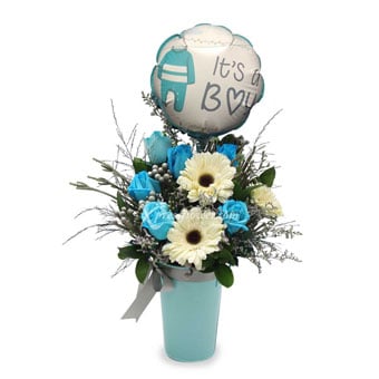 “Oh boy, it’s a boy!” (6 Blue Roses & 3 White Gerberas with Foil Balloon)