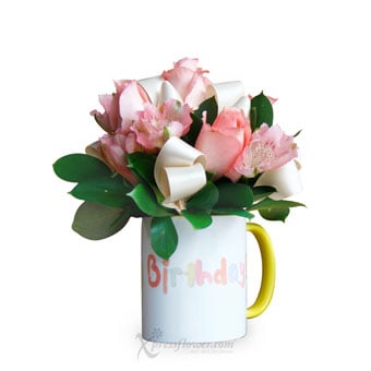 Happiest Day (6 Pink Roses with 'Birthday' Mug)
