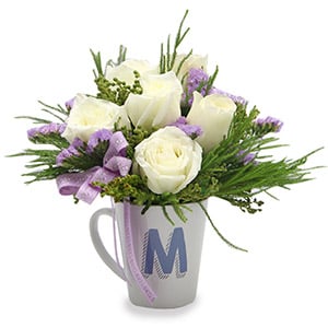 Loyal One (6 White Roses with Monogram Mug)