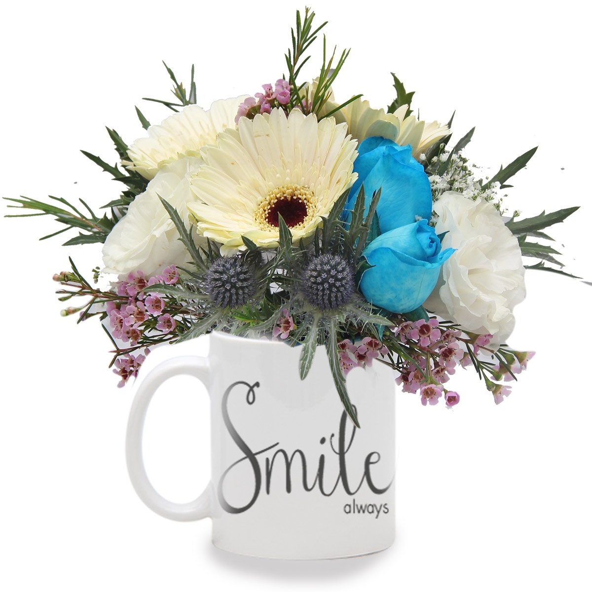 Delicate Smiles (3 white gerberas with smile always mug)