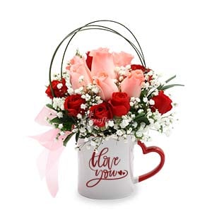 Cup of Love (6 Pink Roses with Red Rose Sprays)