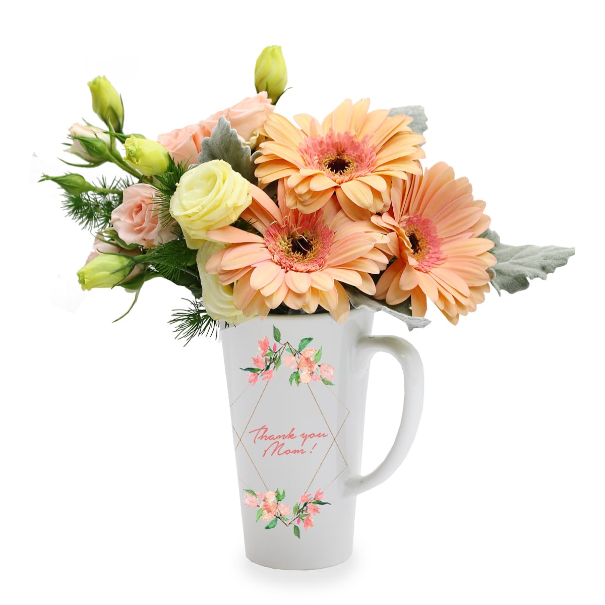 Blooming Heart (5 Champagne Gerberas with 'Thank You Mom' Mug)