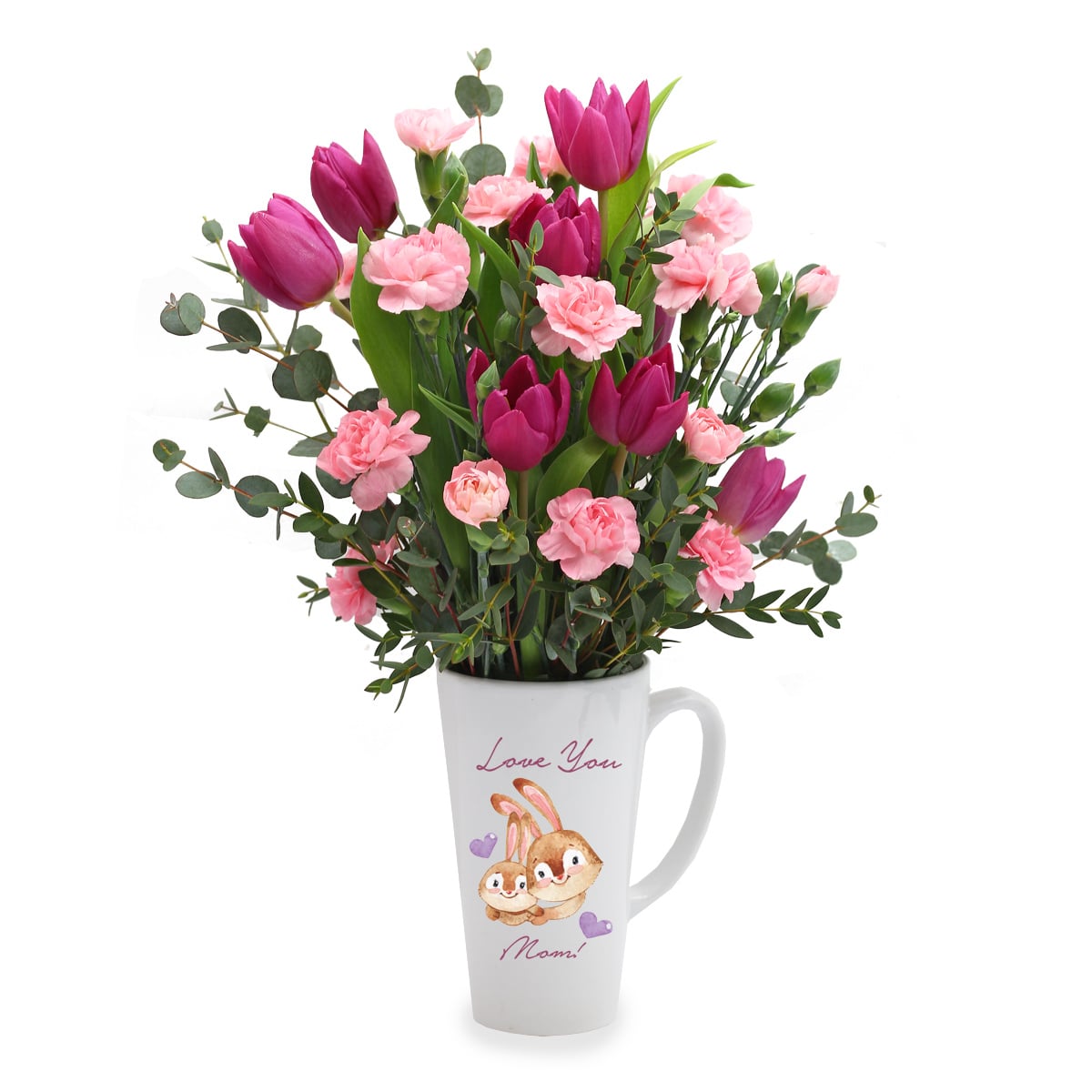 Intertwining Fate (8 Purple Tulips with 'Love You Mom' Mug)