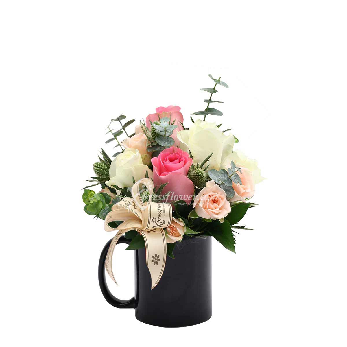 Blossoming Hearts (3 Dark Pink & 3 White Roses)