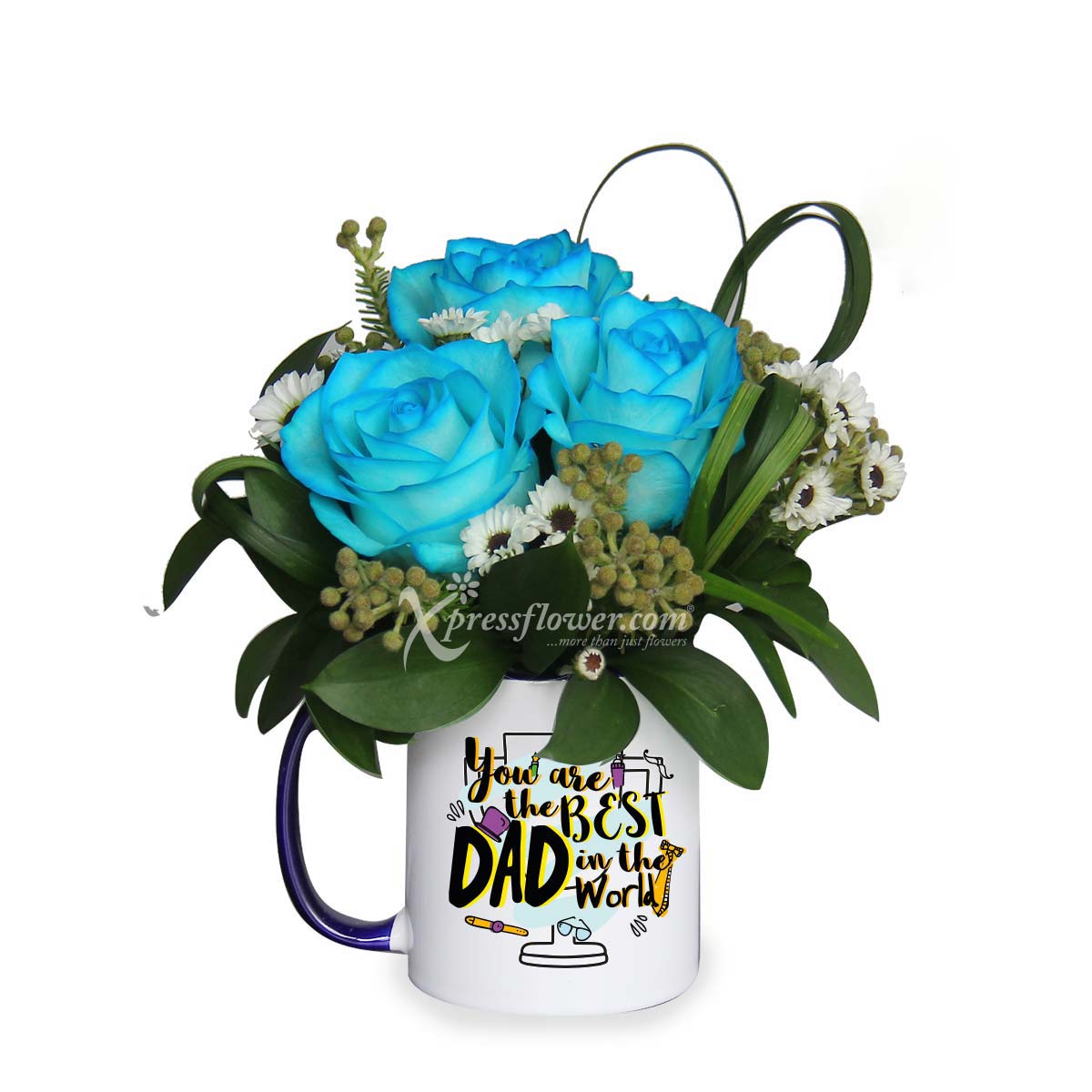 Best Daddy (3 Blue Roses with Personalised Name Mug)