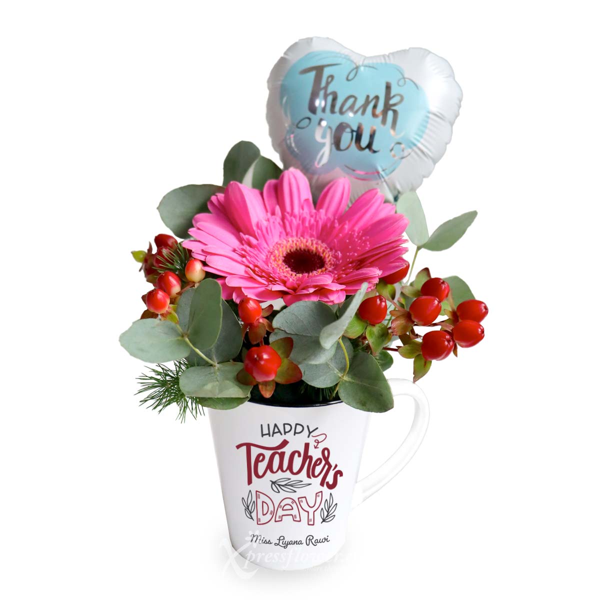 Thankful (1 Dark Pink Gerbera with 5" Mini Balloon & Personalised Mug)
