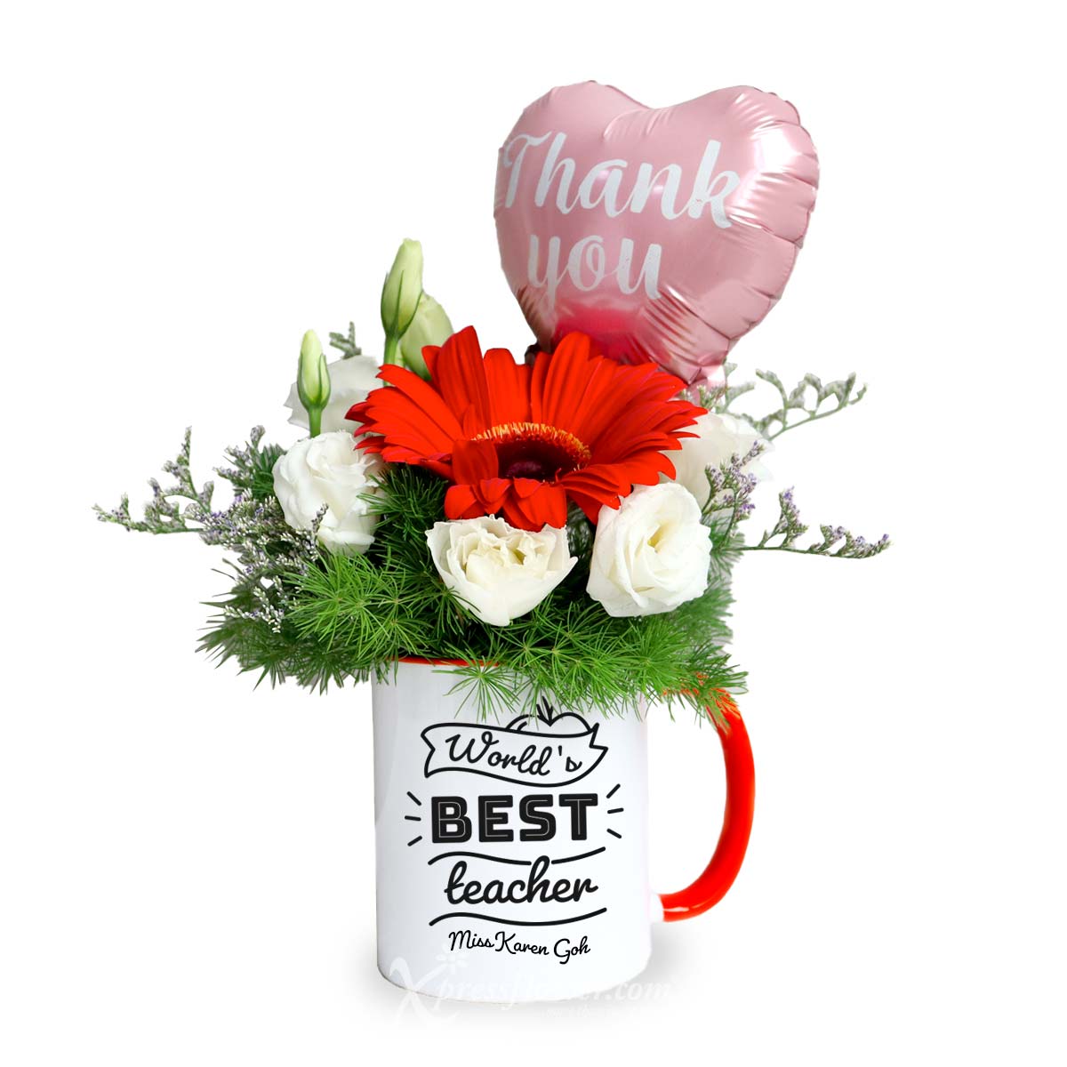 World Best Teacher (1 Red Gerbera with 5" Mini Balloon & Personalised Mug)