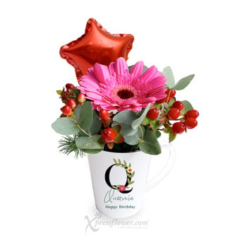 Playful Favours (Dark Pink Gerbera with Personalised Name Birthday Cup)