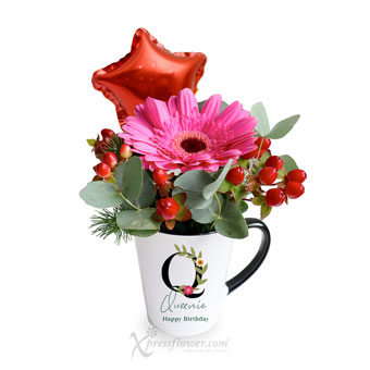 Playful Favours (Dark Pink Gerbera with Personalised Name Cup)