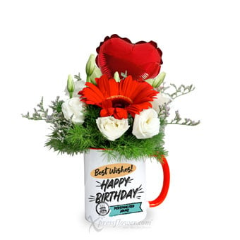 Birthday Wishes (Red Gerbera with Personalised Name Cup)