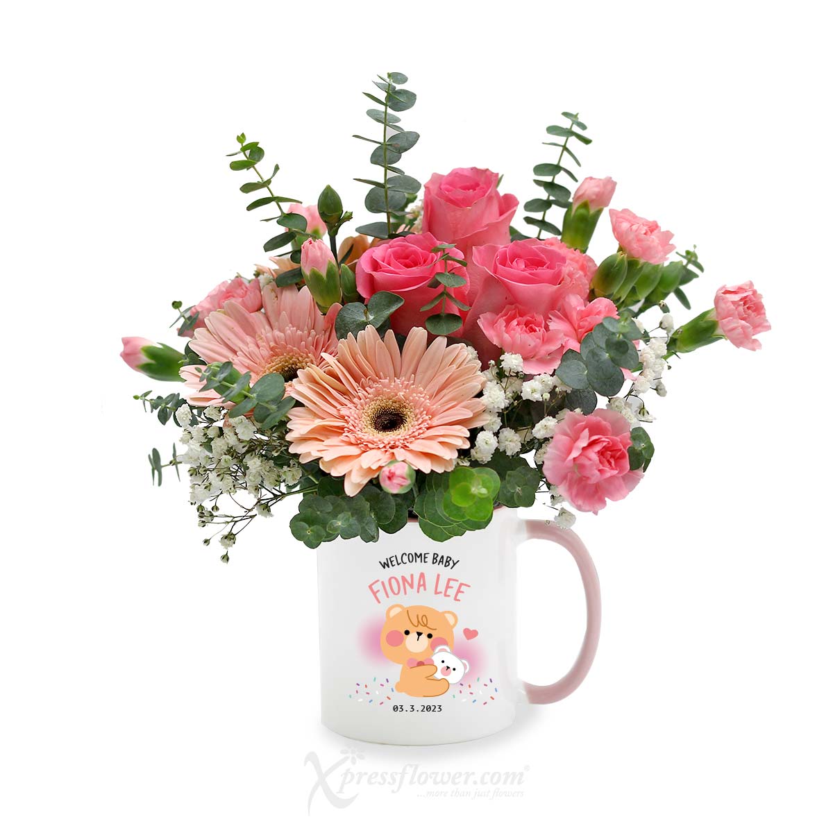 Daring Blooms (3 Pink Gerberas & 3 Dark Pink Roses With Personalised Name 'Baby Girl' Mug)