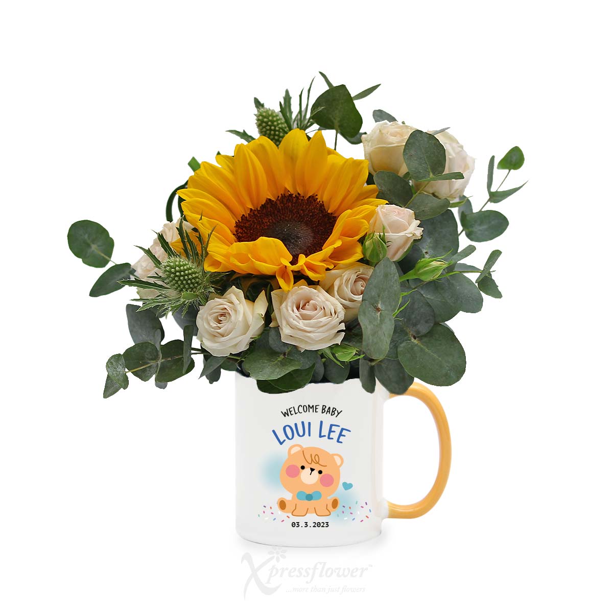Little Sunbeam (1 Sunflower With Personalised Name 'Baby Boy' Mug)