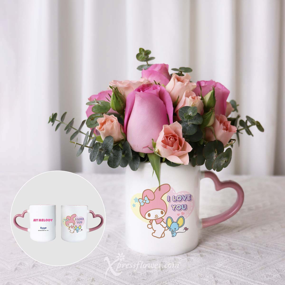 Charming Melody (6 Dark Pink Roses with Sanrio Mug)