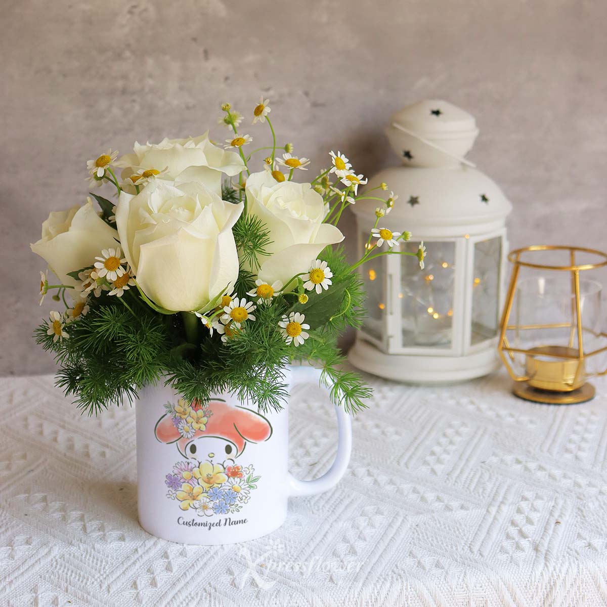 SNMG2310_Aquarius Blooms 6 White Roses with My Melody Personalised Mug Aquarius 3a