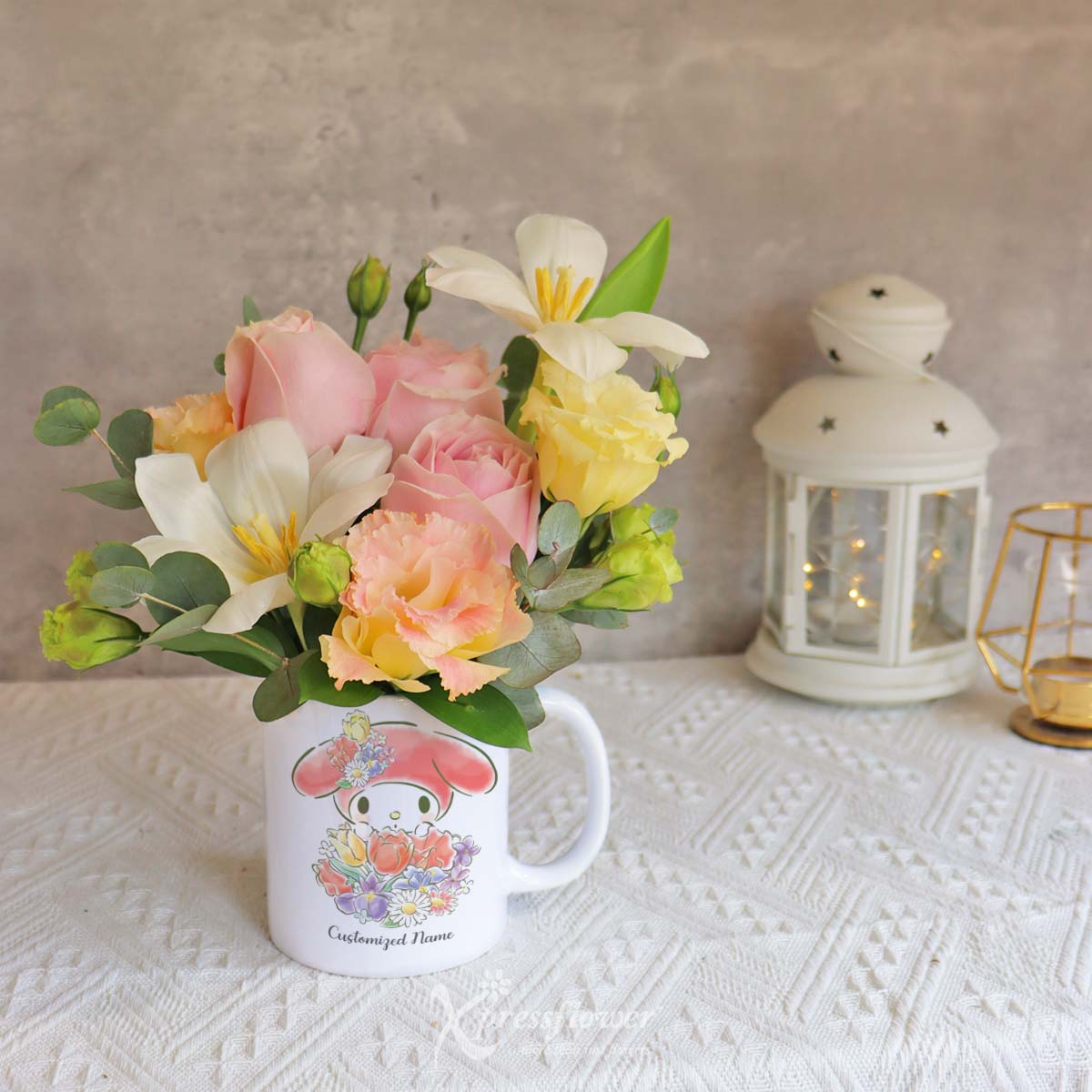 SNMG2311_Whimsical Pisces 2 White Tulips & 3 Pink Roses with My Melody Personalised Mug Pisces 3a
