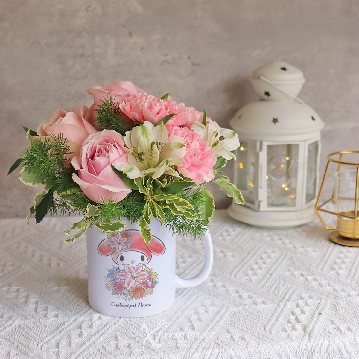 SNMG2315_Cancer Blossoms 4 Pink Roses & 4 Pink Carnations with My Melody Personalised Mug Cancer 3a