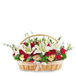 Beauty in a Basket (3 White Lily Sprays & 16 Red Roses)