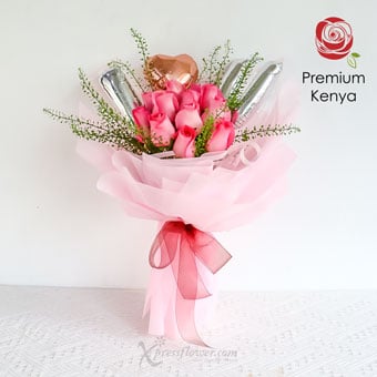 Blooms Boudoir (12 Dark Pink Roses with “I Heart U” Foil Balloon