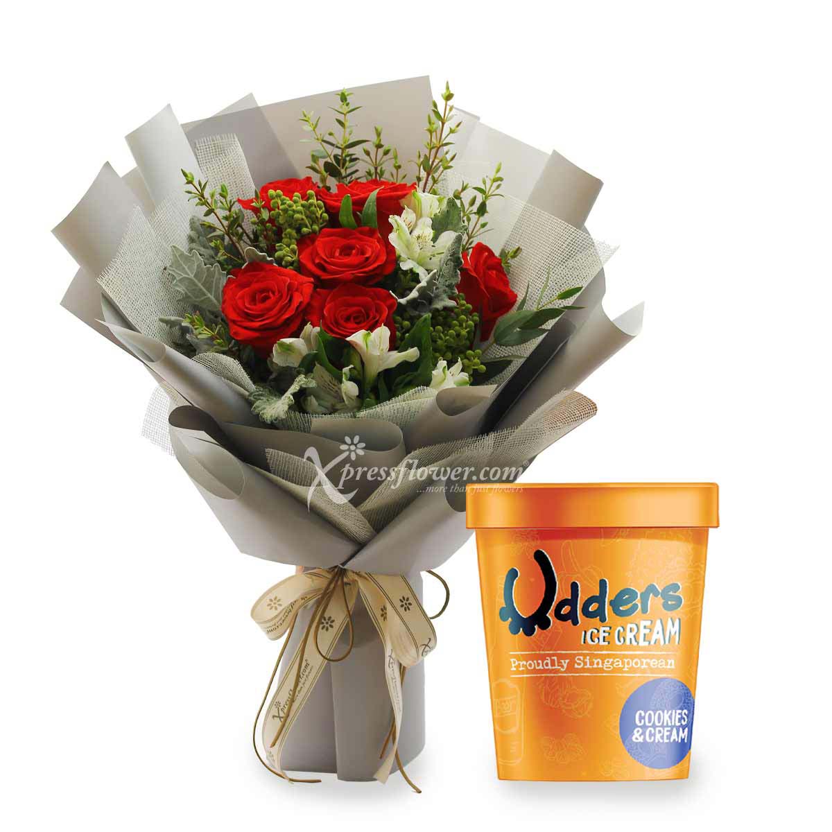 Decadent Kisses (6 Red Roses with Udders Ice Cream)